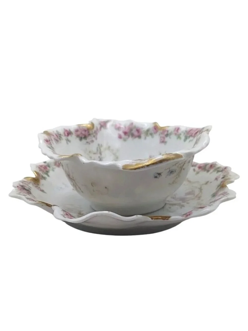 Antique Haviland Porcelain Floral Gravy Boat with Underplate Set Limoges France